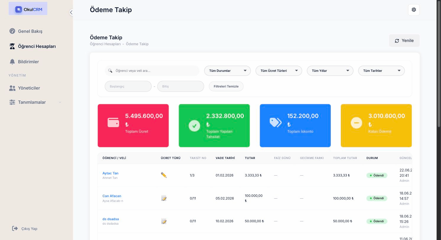OkulCRM360 ödeme ve taksit takibi ekranı