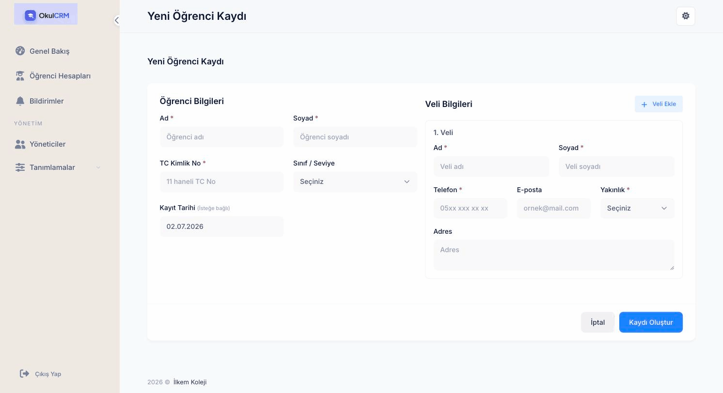 OkulCRM360 yeni öğrenci kaydı ve ücret planı ekranı
